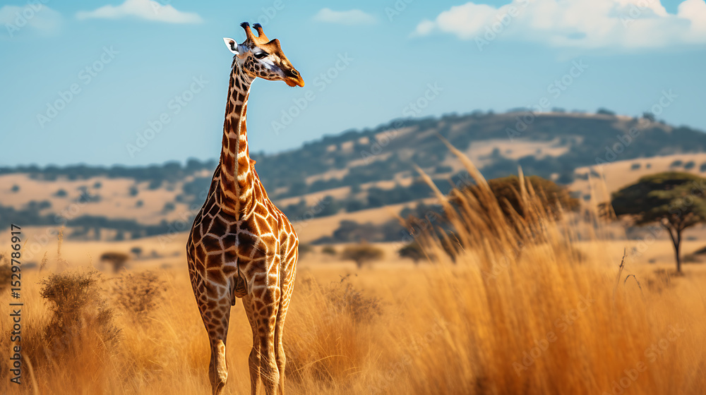 Fototapeta premium Solitary Giraffe Wandering Through the Lush Grasslands of Masai Mara Reserve, AI Generated Image