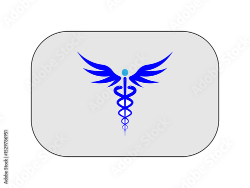The image displays a vector illustration of the caduceus symbol, centered on a light gray rounded rectangle background.