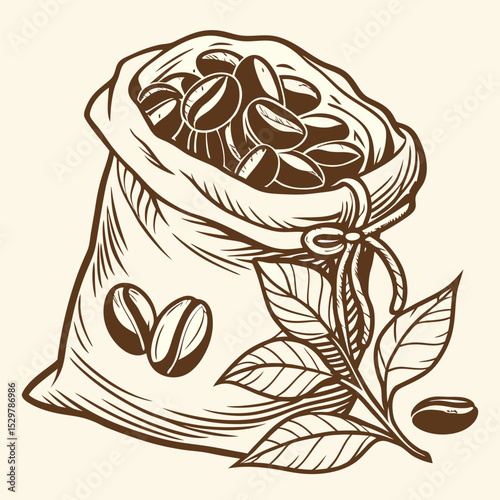 Coffee beans in a burlap sack with leaves on a neutral background  