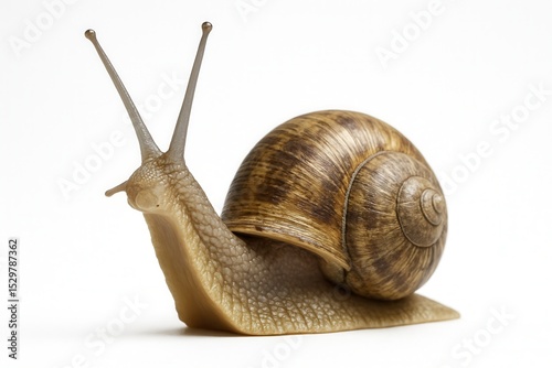Curious snail crawling on white background with long antennae