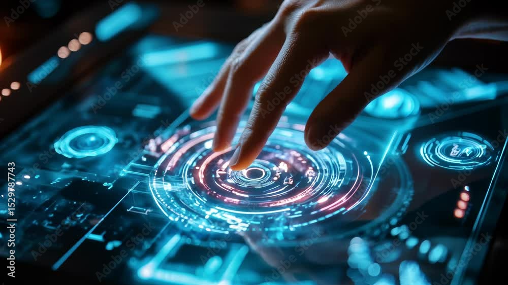 Interacting with futuristic holographic interface in a modern tech environment
