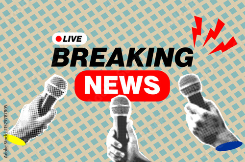 breaking news concept design with reporter hands holding microphones isolated vintage halftone dotted effect retro collage cut-out element for current event urgent update live announcement.