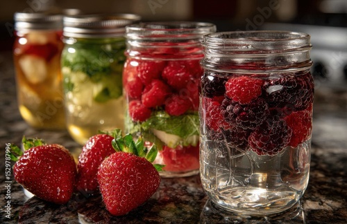 Wallpaper Mural Fresh berries and fruits preserving in glass jars on kitchen counter Torontodigital.ca