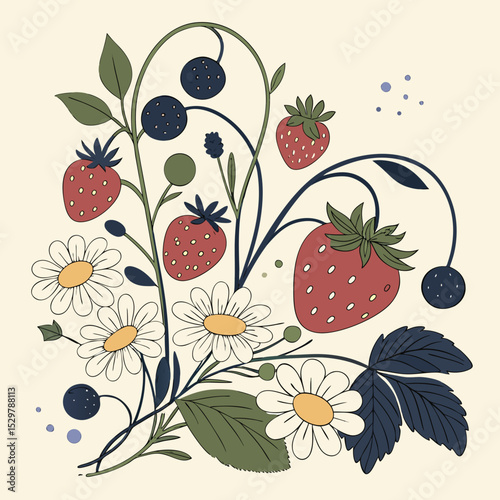 Summer floral bouquet with strawberries daisies and berries