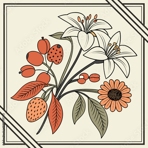 Elegant floral bouquet illustration featuring lilies strawberries and berries