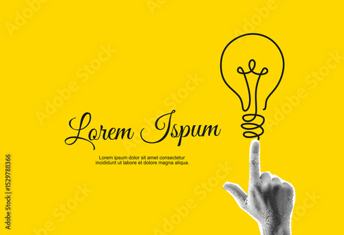 Trendy Halftone Collage Hand hand points to lightbulb drawn in a continuous one line. Creative mind or brainstorm. Create creative idea concept. Business solutions. Think outside the box.	