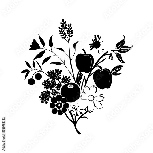 Rustic fruit bunch silhouette: plum, apple, raspberry vector design