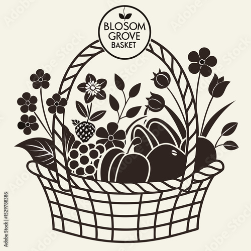 Blossom grove basket filled with fruits and flowers black and white illustration