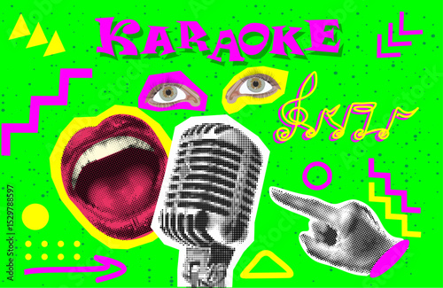 Retro Halftone Collage Karaoke with sketch of microphone in halftone paper hand, eye, singing lips, retro mike and hand. Vintage vector.	