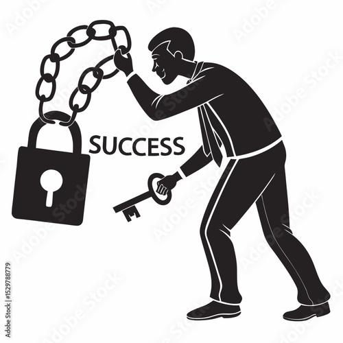 Businessman unlocking success with key chain padlock