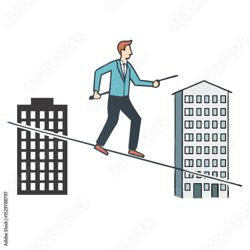 Businessman balancing act on tightrope between buildings