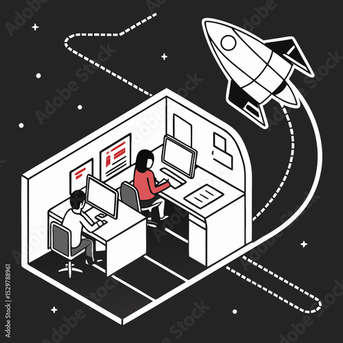 Two coworkers working at computers in modern office space rocket launching into space