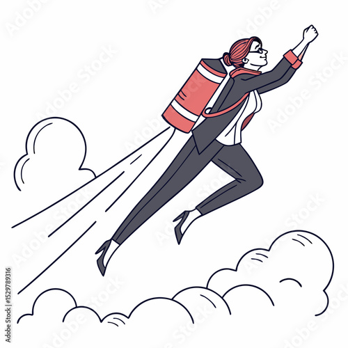 Businesswoman soaring through clouds rocket pack success ambition