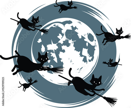 A whimsical halloween scene featuring black cats flying on broomsticks against a full moon backdrop silhouette