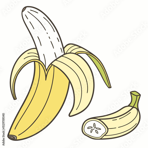 Partially peeled banana with a banana slice illustration