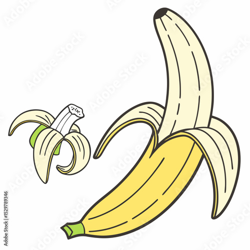 Cartoon banana illustration whole and peeled fruit