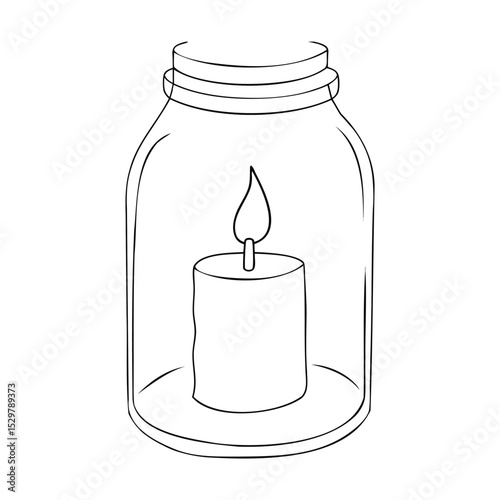 Hand-drawn outline illustration of a lit candle inside a glass jar for design projects