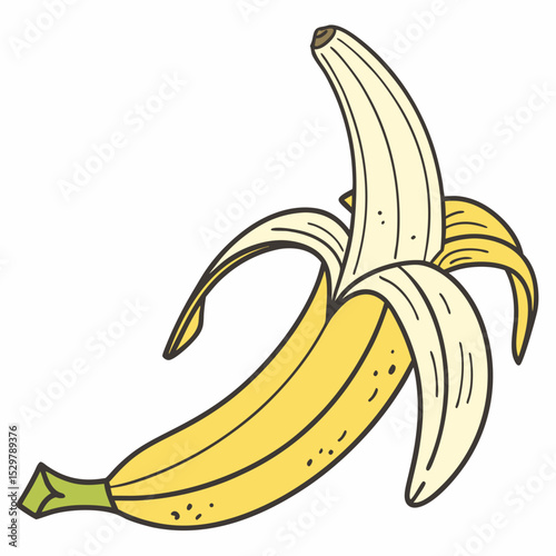 Partially peeled banana cartoon illustration yellow fruit