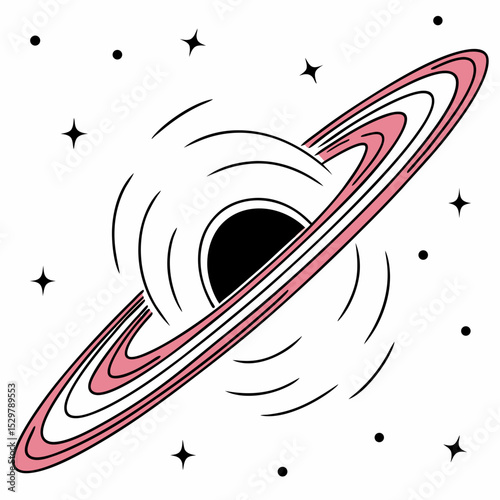 Pink and black accretion disk of a black hole in space