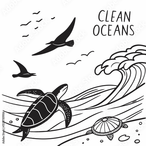 Sea turtles ocean waves birds clean oceans conservation illustration