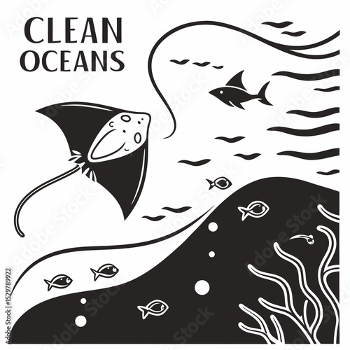 Clean oceans illustration stingray fish coral reef underwater scene