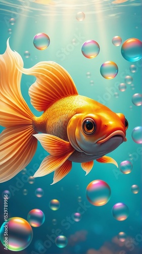 Colorful Goldfish Illustration - Swimming with Bubbles in Underwater Scene