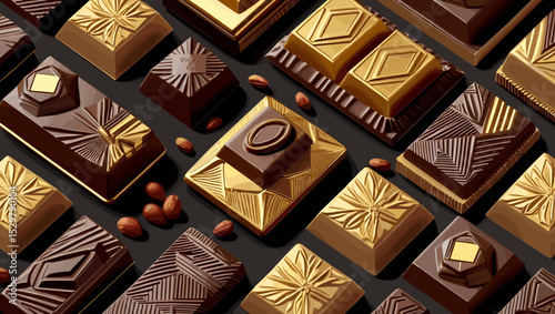 Assorted chocolate bars and pralines with decorative patterns on a dark background featuring copy space