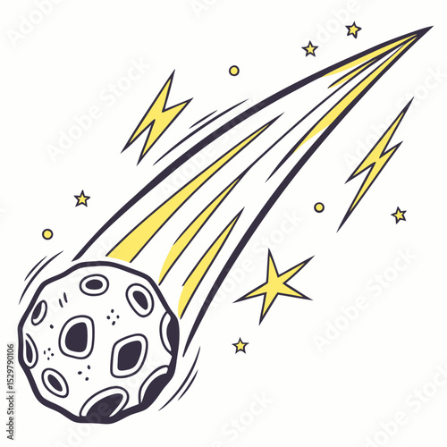 Cartoon meteorite falling through space with stars and lightning bolts
