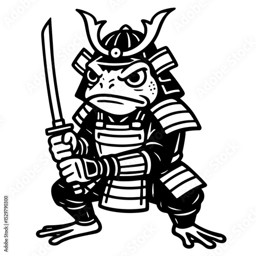 A fierce samurai frog, clad in traditional armor and wielding a katana, stands ready for battle. The monochrome design highlights the contrast and detail.