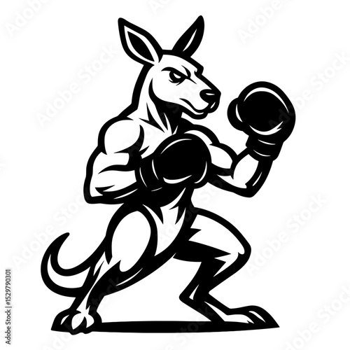 A muscular kangaroo strikes a fierce boxing pose in this illustration, embodying strength and determination, rendered in sleek black and white graphics.