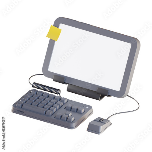 3D Render Isometric Monitor Display with keyboard and mouse