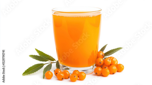 Buckthorn tea in a straight glass, real photography, product photography, straight angle,  isolated on white background. 3D illustration. 