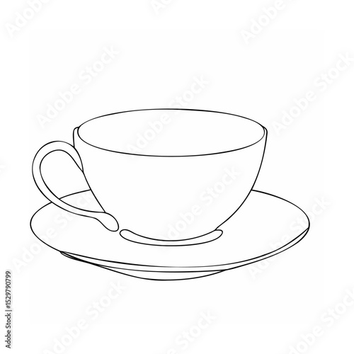 Clean line art illustration of a teacup and saucer in minimalist black and white design