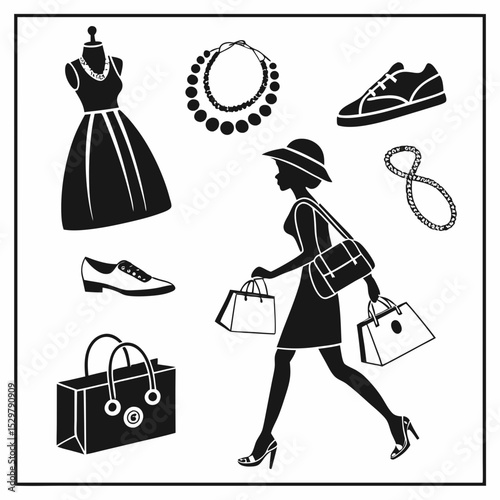 Fashion illustration woman shopping bags shoes dress jewelry