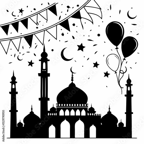 Festive mosque silhouette with balloons and bunting for eid