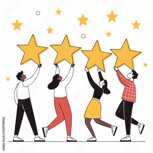Diverse group of people holding up large gold stars celebrating success teamwork achievement