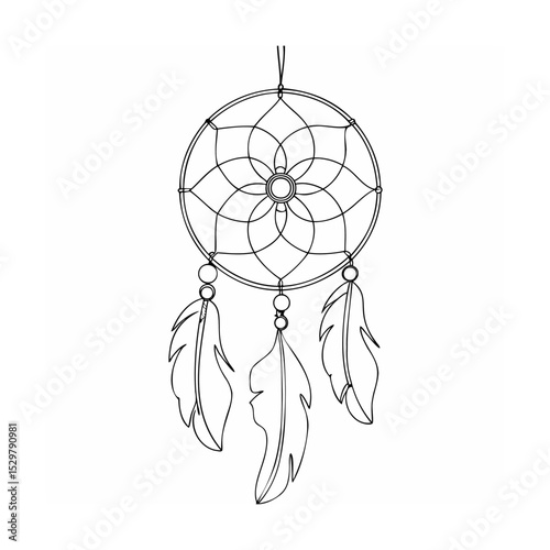 Intricate hand drawn dreamcatcher vector illustration with feathers and spiritual elements
