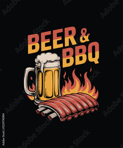 Beer & BBQ Hot Drink T-shirt Design, Funny Hot Barbecue Vector Typography Printing Template