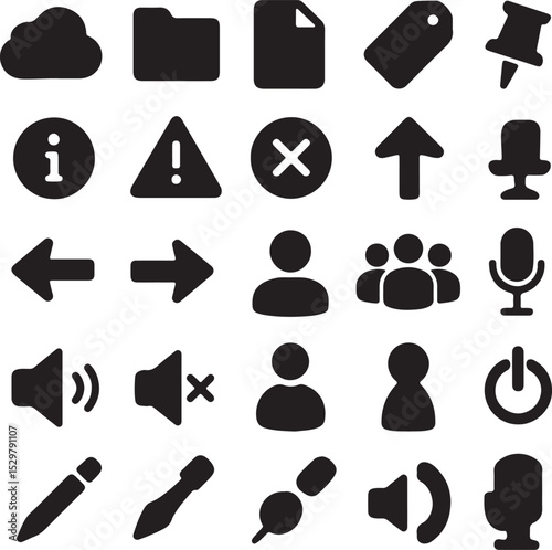Essential Icon Collection: A curated collection of minimalist icons, each meticulously crafted in a bold, flat design. From cloud storage to user profiles and multimedia.