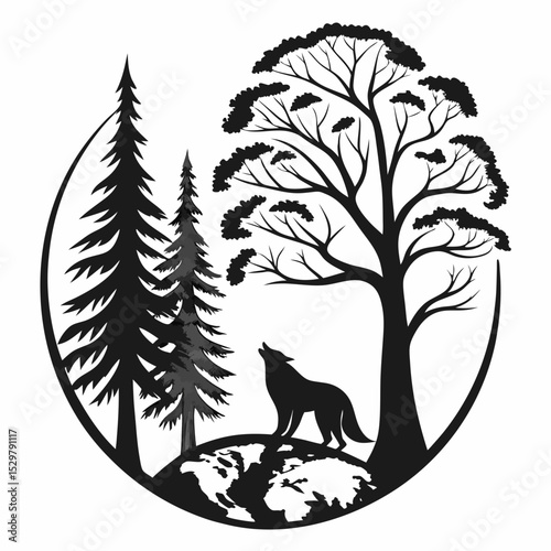 Wolf howling at moon silhouetted trees forest earth