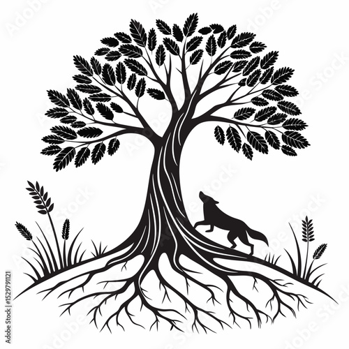 Majestic tree roots wolf silhouette nature illustration