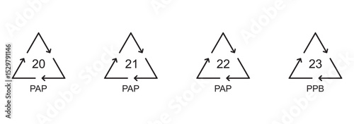 Paper recycling symbol PAP and PPB 20, 21, 22, 23. Set of Paper symbol, ecology recycling sign isolated on white background. Set of line paper recycle icons. Vector illustration.
