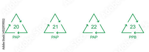 Paper recycling symbol PAP and PPB 20, 21, 22, 23. Set of Paper symbol, ecology recycling sign isolated on white background. Set of line paper recycle icons. Vector illustration.