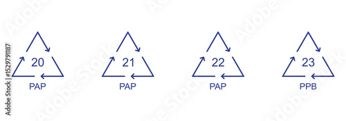 Paper recycling symbol PAP and PPB 20, 21, 22, 23. Set of Paper symbol, ecology recycling sign isolated on white background. Set of line paper recycle icons. Vector illustration.