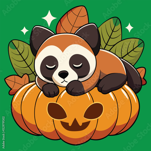 Cute Red Panda Sleeping on a Jack-O'-Lantern Pumpkin for Halloween Season