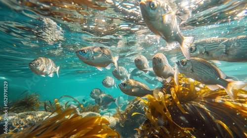 A vibrant underwater scene captures a school of fish swimming gracefully among lush seaweed, presenting a snapshot of marine life and the beauty of underwater ecosystems.