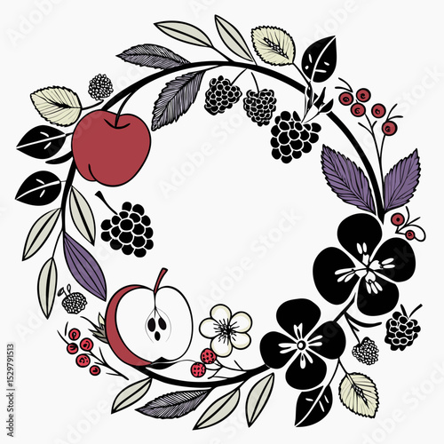 Autumnal fruit and flower wreath design element