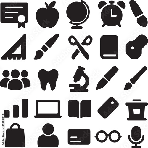 Educational Collection: A compilation of school icons featuring various educational symbols, including an apple, globe, and clock, perfectly suited for illustrative or design uses.