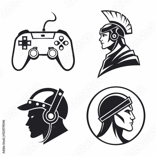 Gaming roman warrior icons game controller helmet headphone design