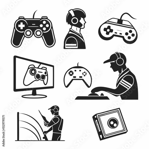 Gamer icons set video game controller headset player